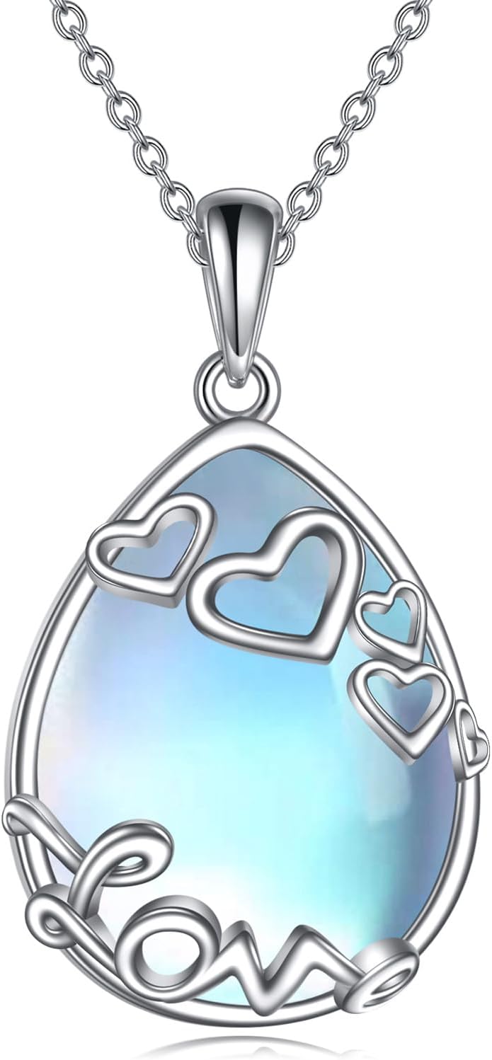 Sterling Silver Moonstone Filigree Teardrop Pendant Necklace for Women-R-Love Moonstone Necklace