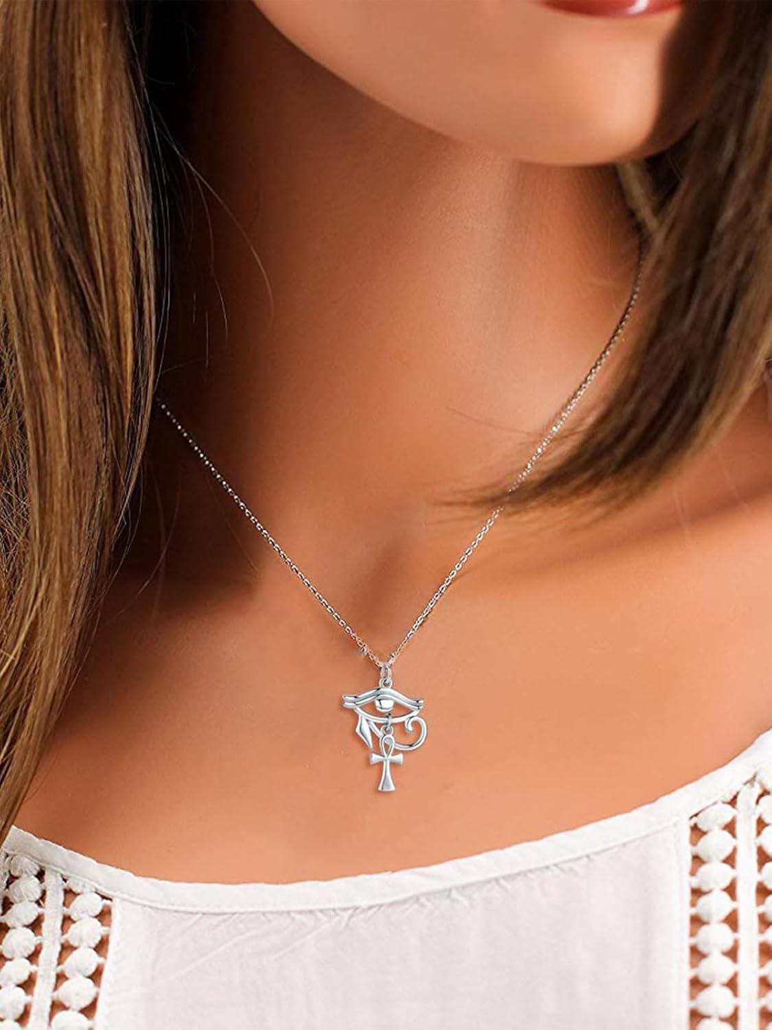 Sterling Silver Eye of Horus with Ankh Pendant Necklace for Women Men-0-2