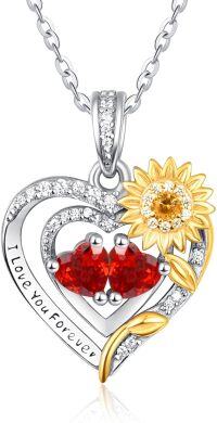 wholesale Sterling Silver 2 Birthstones Sunflower Heart Necklace for Women-01-01-Jan-Jan