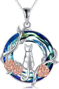 wholesale 925 Sterling Silver Round Blue Crystal Rose Flower Cat Pendant Necklaces for Women Girls Gifts Jewelry Mothers Day Presents-1 Cat