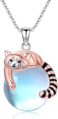 wholesale 925 Sterling Silver Red Panda Charm with Blue Agate Stone Pendant Necklace for Women-Moonstone