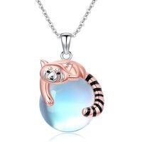 wholesale 925 Sterling Silver Red Panda Charm with Blue Agate Stone Pendant Necklace for Women-Moonstone