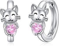 wholesale 925 Sterling Silver Hypoallergenic Cat Heart Stud Earrings with Pink Crystal Accents-Cat Hoop Earrings