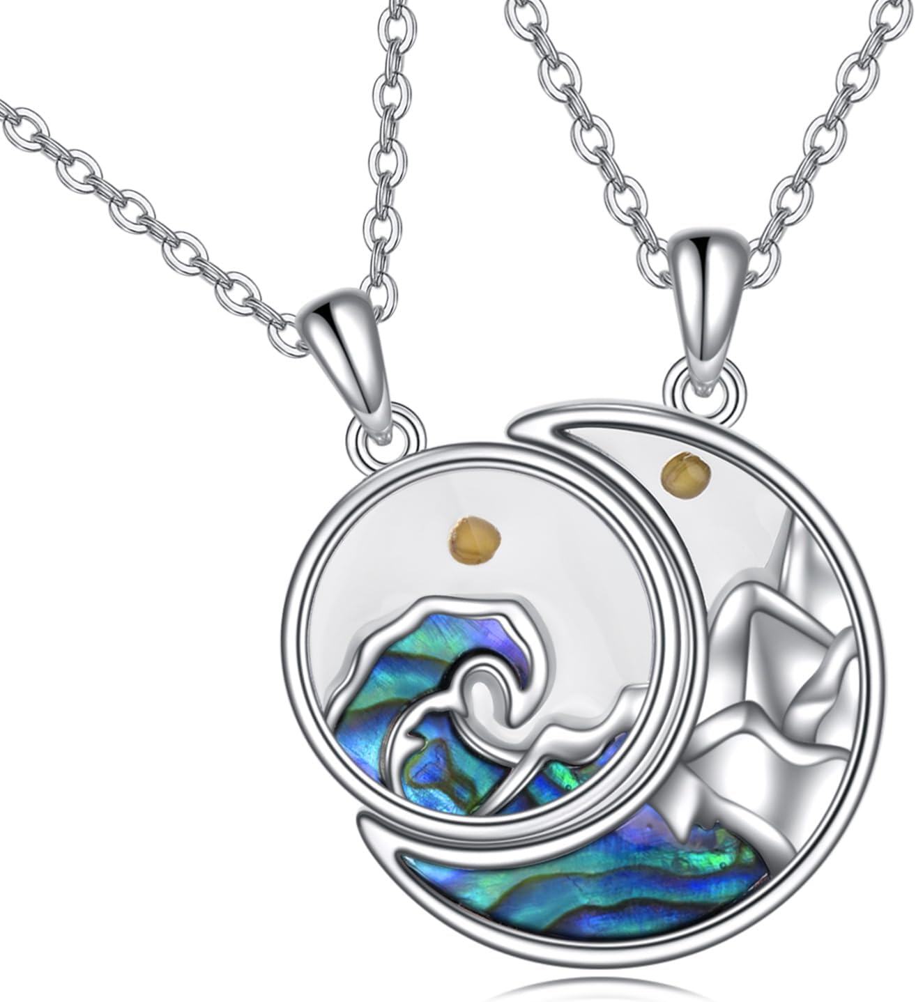 925 Sterling Silver Abalone Shell Wave Pendant with Gold Seeds and Moon Design - Christian Jewelry for Women-0-0