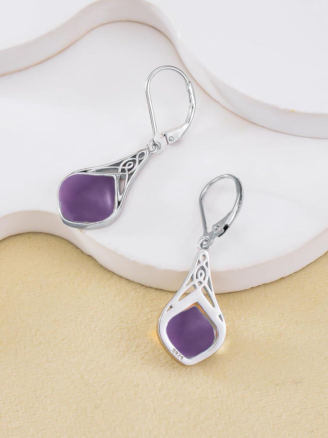 925 Sterling Silver Purple Agate Celtic Teardrop Dangle Earrings  for Women-0-3