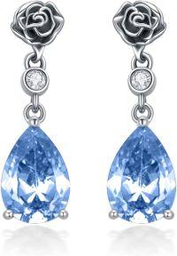 wholesale 925 Sterling Silver Vintage Rose Dangle Earrings with Birthstone Gifts for Women-03-Aquamarine-Blue