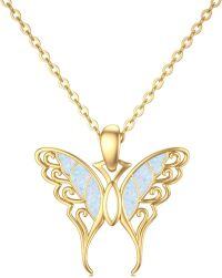 wholesale 14K Gold Blue Opal Butterfly Necklace - Symbol of Luck, Freedom & Beauty, Delicate Filigree, Gift for Her-Butterfly-White Opal