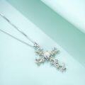 wholesale 925 Sterling Silver White Gold Plated Cross with Pink Simulated Opal and Green Leaves Pendant Necklaces for Women-0-1