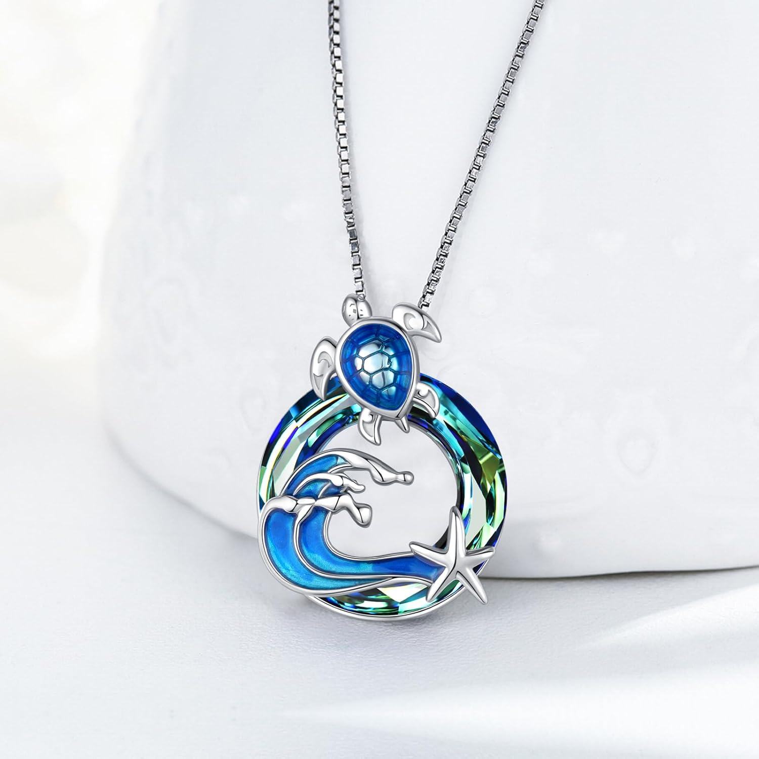 925 Sterling Silver Ocean Life Pendant with Blue Crystal Wave and Starfish Charm Necklace-0-1