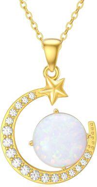 wholesale 14K Gold White Opal Crescent Moon & Star Pendant Necklace with Chain - Gifts for Her-Opal