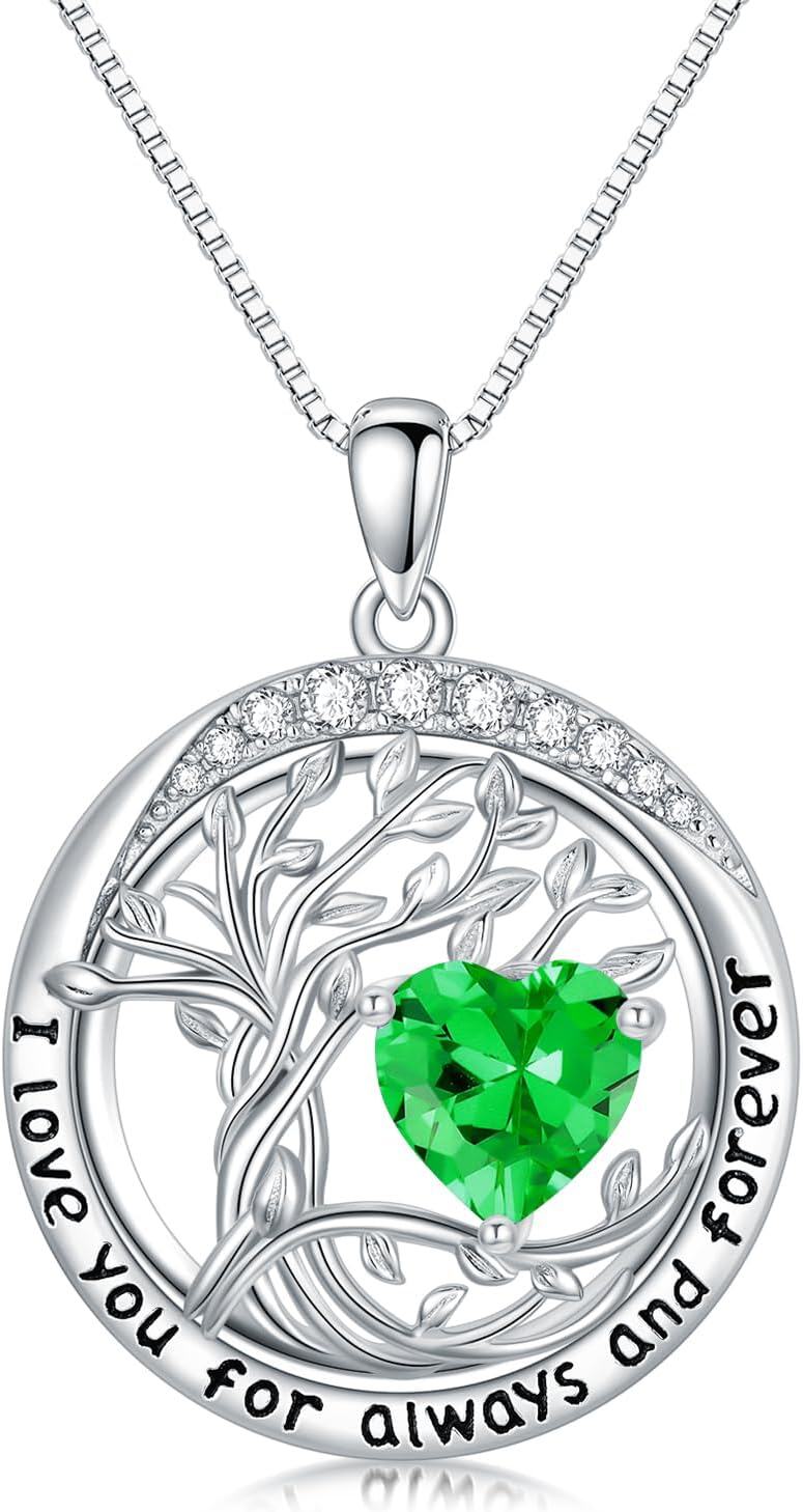 White Gold Sterling Silver Austrian Crystal Tree of Life Birthstone Necklace-05-May-Emerald
