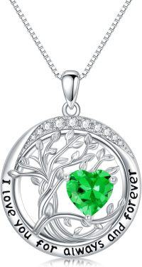wholesale 925 Sterling Silver Austrian Crystal Tree of Life Pendant Necklaces with Birthstone for Women-05-May-Emerald