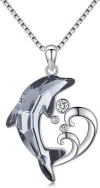 wholesale 925 Sterling Silver Blue Crystal Dolphin Heart Pendant Necklace Ocean Wave Jewelry for Women and Girls-A-Grey