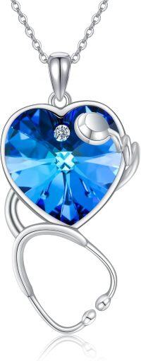 wholesale 925 Sterling Silver Blue Crystal Heart Shaped Musician Pendant Necklace-Stethoscope