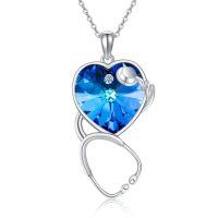 wholesale 925 Sterling Silver Blue Crystal Heart Shaped Musician Pendant Necklace-Stethoscope