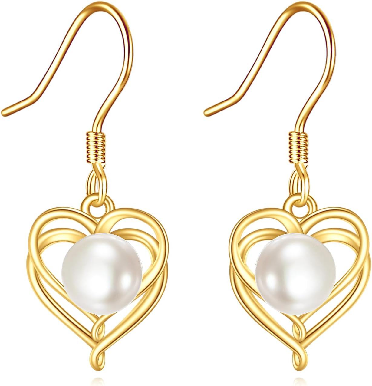 wholesale 14K Gold Heart-Shaped Freshwater Pearl Dangle Earrings for Women Gift Ideas-0-0