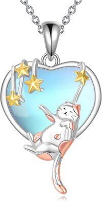 wholesale 925 Sterling Silver Heart-Shaped Pendant with Cat and Stars Design - 925 Sterling Silver Jewelry for Women-cat necklace