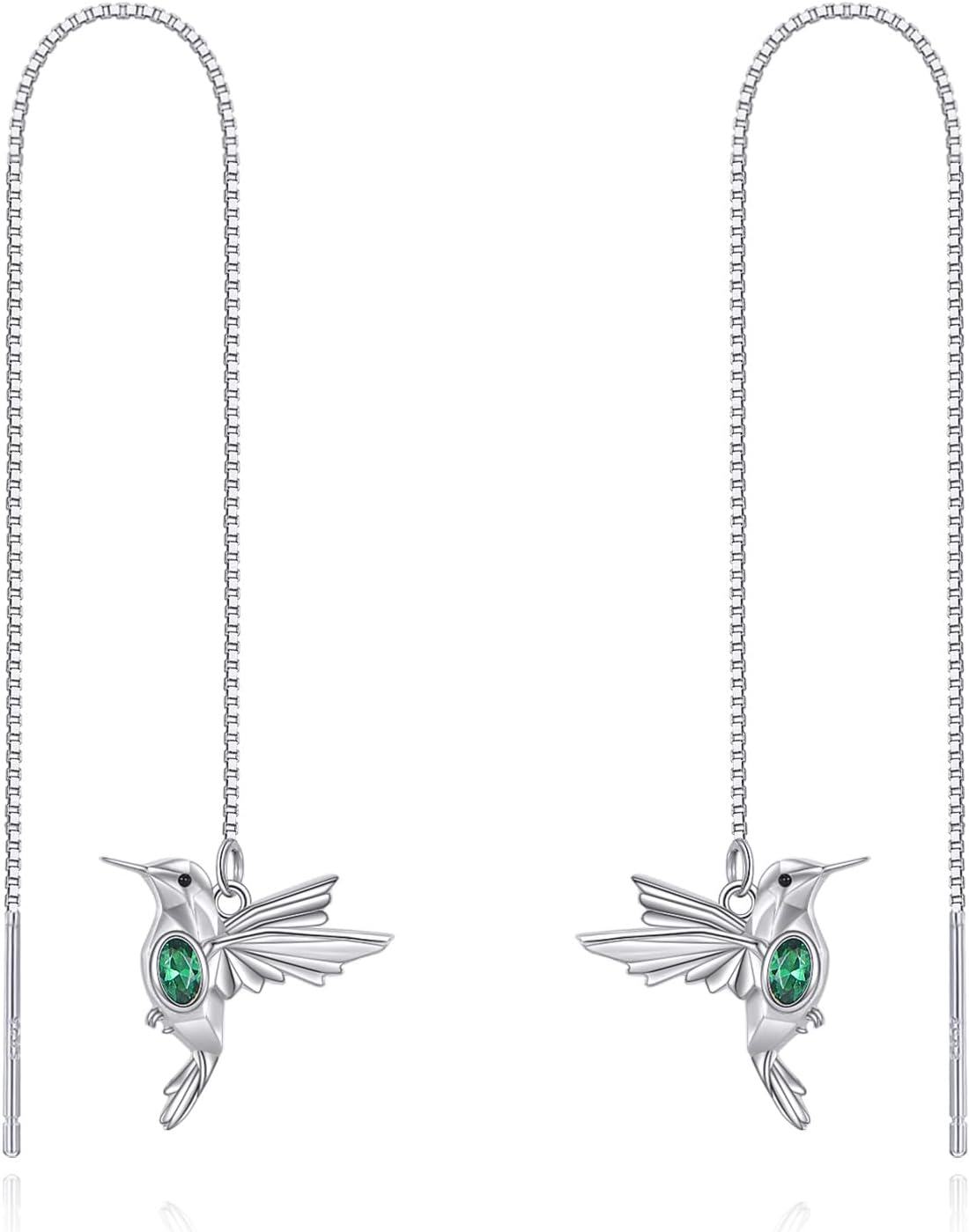  Sterling Silver Origami Tassel Drop Dangle Earrings Hummingbird Threader Jewelry Gift -Hummingbird-May Emerald