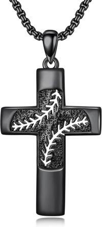 wholesale 925 Sterling Silver Black Enamel Leaf Design Cross Pendant Necklace for Men & Women-Baseball