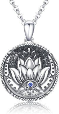 wholesale 925 Sterling Silver Round Lotus Evil Eye Charm Necklaces for Women Spiritual Protection Pendants Gifts-Silver