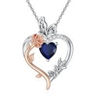TOUPOP Sterling Silver Sapphire Rose Heart Butterfly Pendant Necklace-undefined