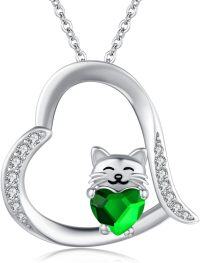 wholesale 925 Sterling Silver Green Crystal Cat Pendant Necklace for Women - Cat Lovers -B04-Green Crystal