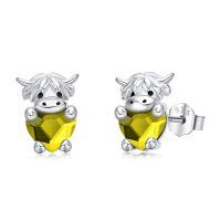 wholesale 925 Sterling Silver Birthstone Highland Cow Stud Earrings Cute Animal Jewelry Gift for Women Girls-Silver-08-Aug