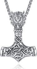 wholesale 925 Sterling Silver Viking Wolf Head Thor's Hammer Mjolnir Pendant Necklaces for Men with 3+2 Rolo Chains-0-0
