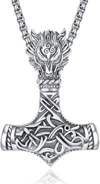 wholesale 925 Sterling Silver Viking Wolf Head Thor's Hammer Mjolnir Pendant Necklaces for Men with 3+2 Rolo Chains-Mjolnir (Wolf)