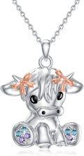 wholesale 925 Sterling Silver Highland Cow Necklace with Blue and Purple Stones for Women - Scottish Style Pendant s-0-0
