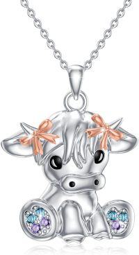 wholesale 925 Sterling Silver Highland Cow Necklace with Blue and Purple Stones for Women - Scottish Style Pendant s-Rose Gold
