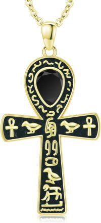 wholesale Gold 925 Sterling Silver Ankh Necklace with Black Onyx and Gold Elements - 24 Chain Length-Gold-Black Onyx