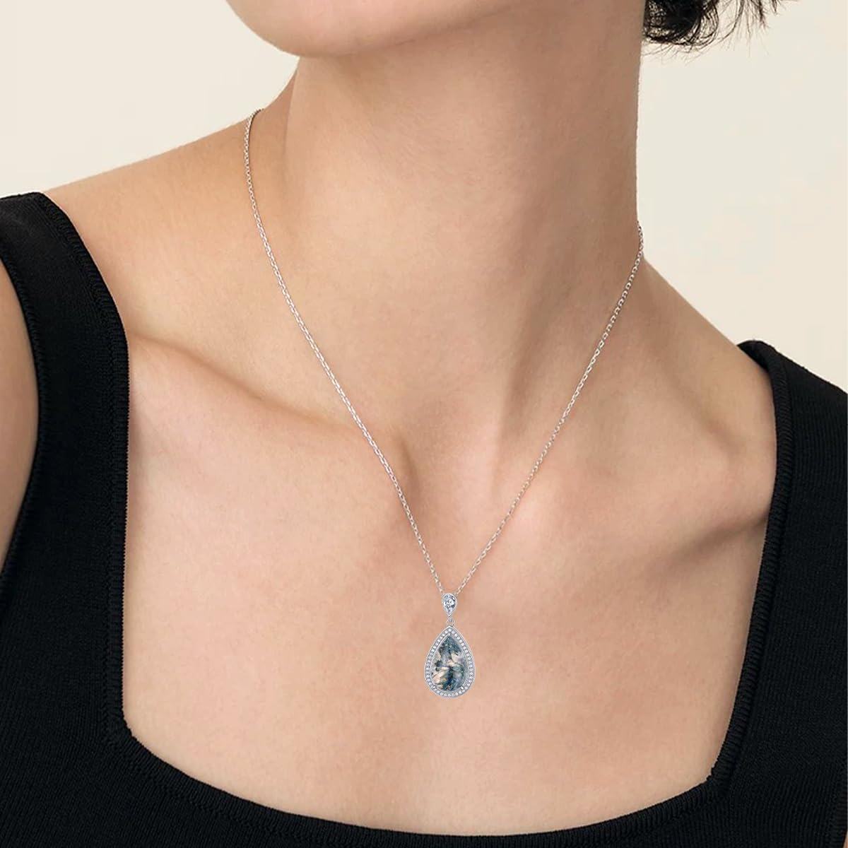 925 Sterling Silver Teardrop Moss Agate and Cubic Zirconia Halo Pendant Necklace for Women-0-4