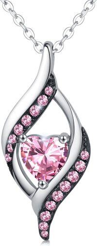 wholesale Platinum Plated 925 Sterling Silver Birthstone Necklace Heart Pendant Gift for Women-October-Tourmaline