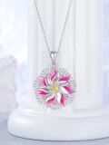wholesale 925 Sterling Silver Flower Pendant Necklace with Pink Enamel and Yellow Stone for Women Girls-0-3