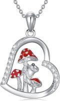 wholesale 925 Sterling Silver Mushroom and Frog Heart-Shaped Pendant Necklace with Red Enamel Accents-0-0