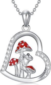 wholesale 925 Sterling Silver Mushroom and Frog Heart-Shaped Pendant Necklace with Red Enamel Accents-Frog and Mushroom Necklace
