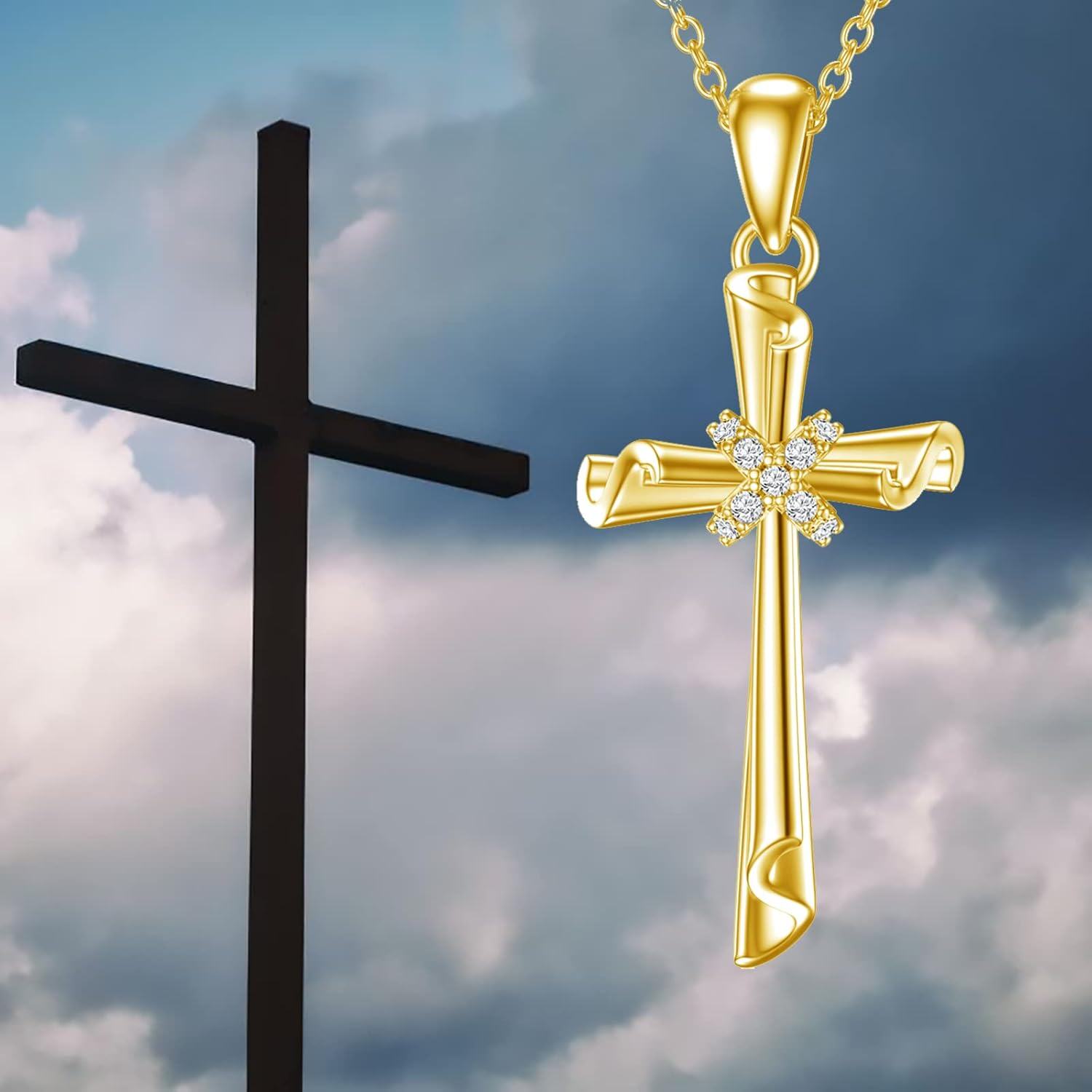 Yellow Gold 14K Women s Crucifix Cross Pendant Necklace 16+1+1 Inch-0-5