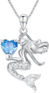 wholesale 925 Sterling Silver Birthstone Mermaid Heart Pendant Necklace for Women-March