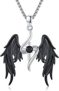 wholesale 925 Sterling Silver CZ Black Winged Cross Pendant Necklace  for Women & Men-01-Angel Wings (Black)