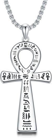 wholesale 925 Sterling Silver Ankh Cross Pendant Necklace with Hieroglyphics - Ancient Egypt Protection  for Men & Women-C Ankh Cross Necklace