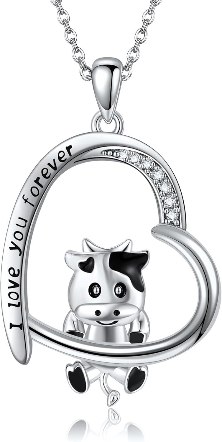 Sterling Silver Stone Animal Jewelry Heart Cow Cat Axolotl Butterfly Necklace for Women Birthday-0-1