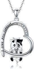 wholesale 925 Sterling Silver Cow Pendant Necklaces for Women - I Love You Forever Charm Heart-Shaped Chain Gift-0-0