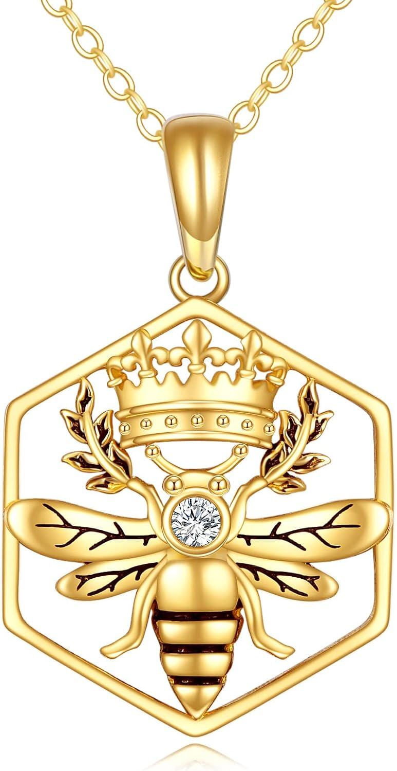 wholesale 18K Gold Queen Bee Pendant Necklace with Diamond and Honeycomb Design for Women's s-0-0