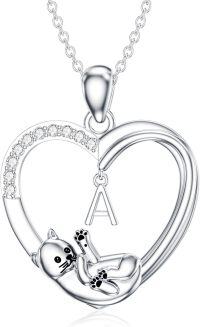 wholesale Silver Stone Cat Heart Necklace w Initial 26 Alphabets Gift-A