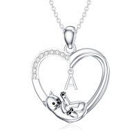 wholesale 925 Sterling Silver Stone Cat Heart Necklace w Initial 26 Alphabets Gift-A