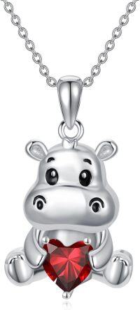 wholesale Sterling Silver Animal Birthstone Necklace Otter Axolotl Hippo Pendant Jewelry Gift for Women-01-Jan-Hippo