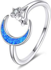 wholesale 925 Sterling Silver Opal Moon Star Ring Adjustable Celestial Jewelry for Women-blue opal moon