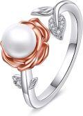 wholesale 925 Sterling Silver Pearl & Crystal Rose Flower Adjustable Ring for Women Girls-0-0