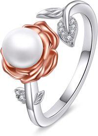wholesale 925 Sterling Silver Pearl & Crystal Rose Flower Adjustable Ring for Women Girls-rose flower